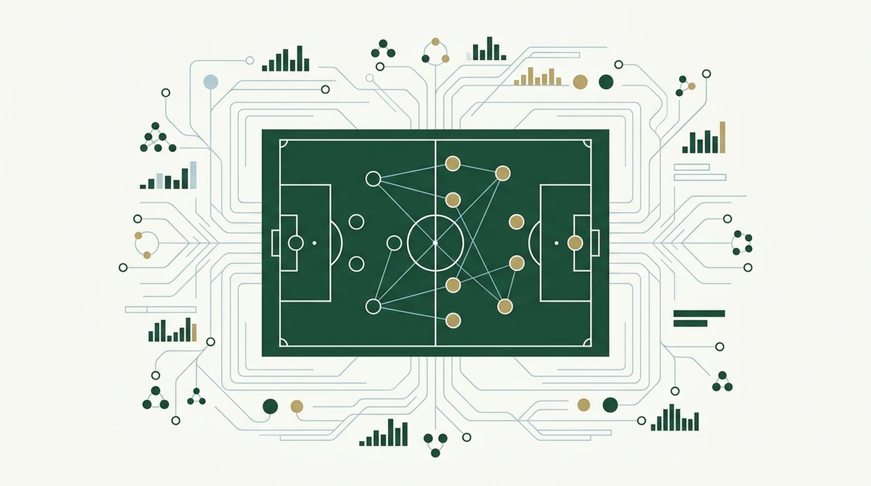 An abstract football pitch diagram shows connected data nodes representing AI prediction modeling.