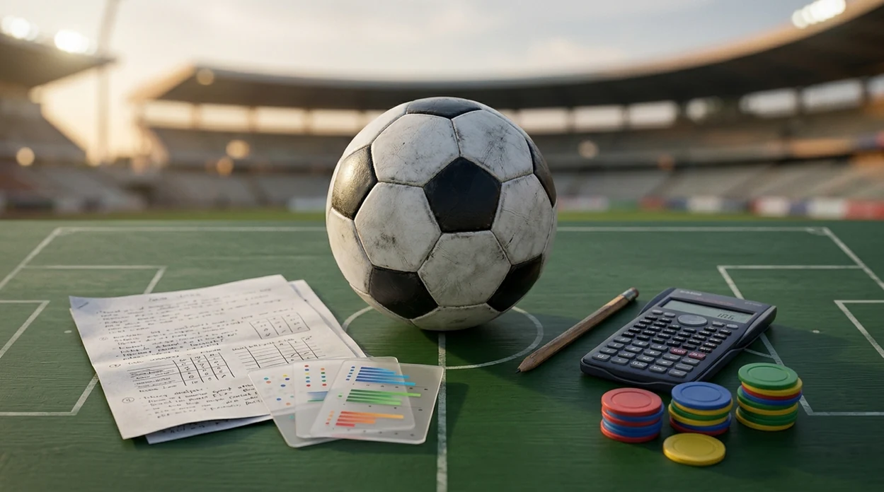 A football sits among betting notes, staking chips, and analysis tools on a green pitch-style desk.