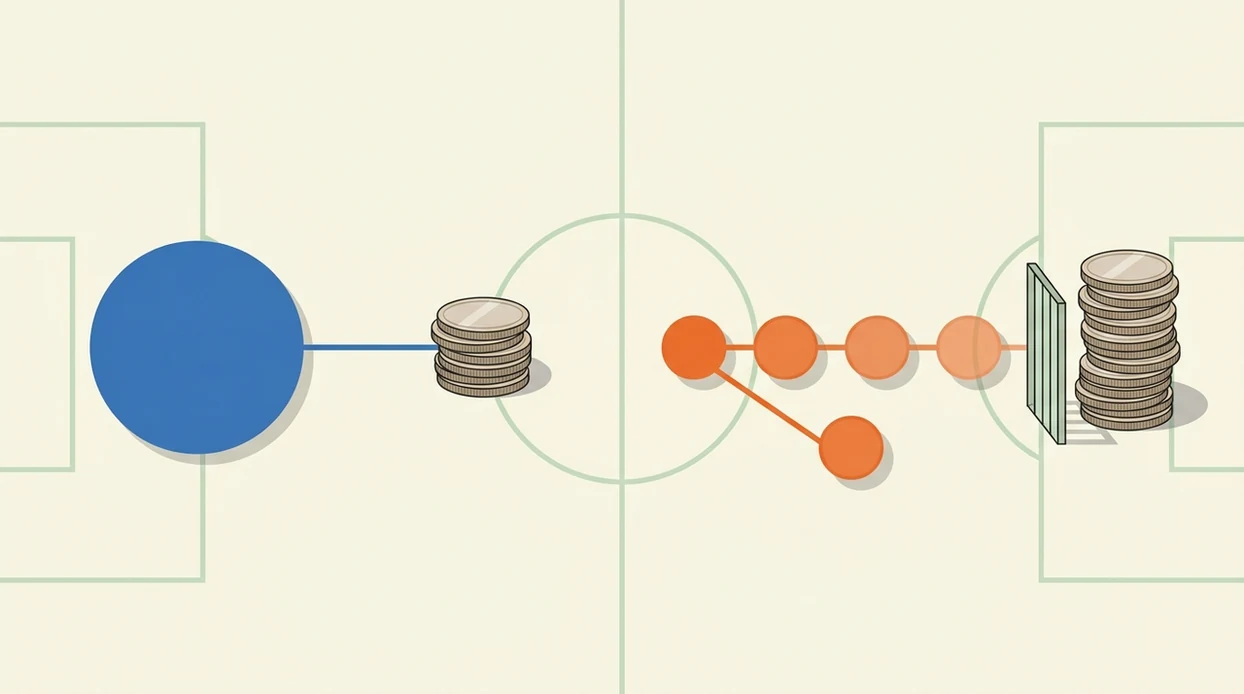 Minimal diagram showing one single bet path and a longer accumulator chain with fading probability.