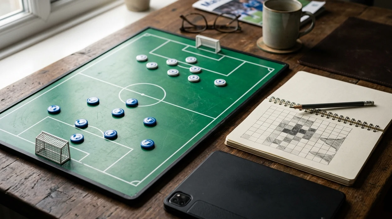A football tactics board and shaded score grid suggest AI probability analysis for exact score betting.