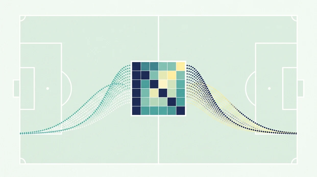 An abstract score matrix and goal distribution curves show how AI models estimate likely scorelines.