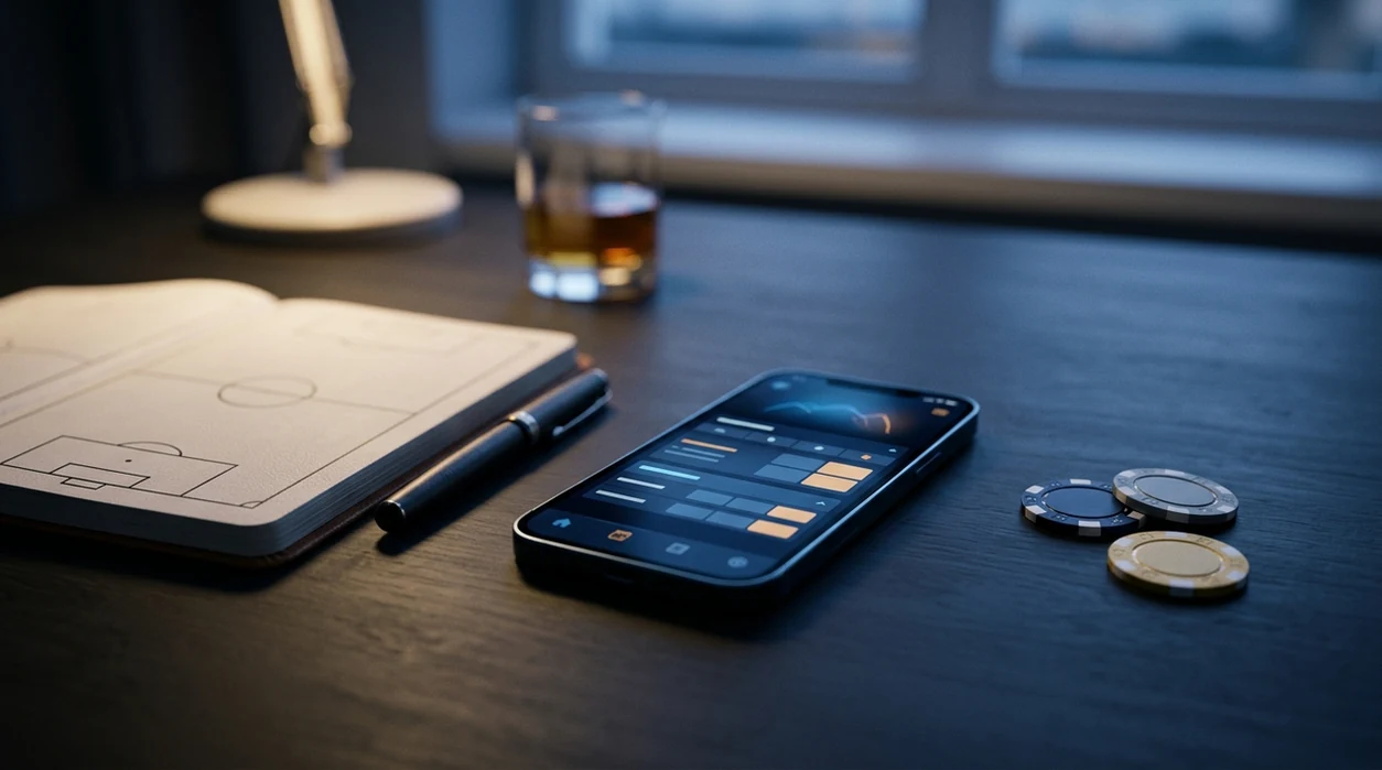 A smartphone, football notebook, pen and chips suggest disciplined accumulator betting research.