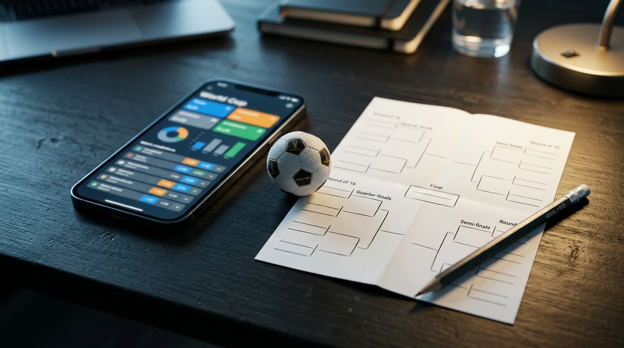 A phone, football, and blank bracket sheet suggest comparing score forecasts for World Cup betting.