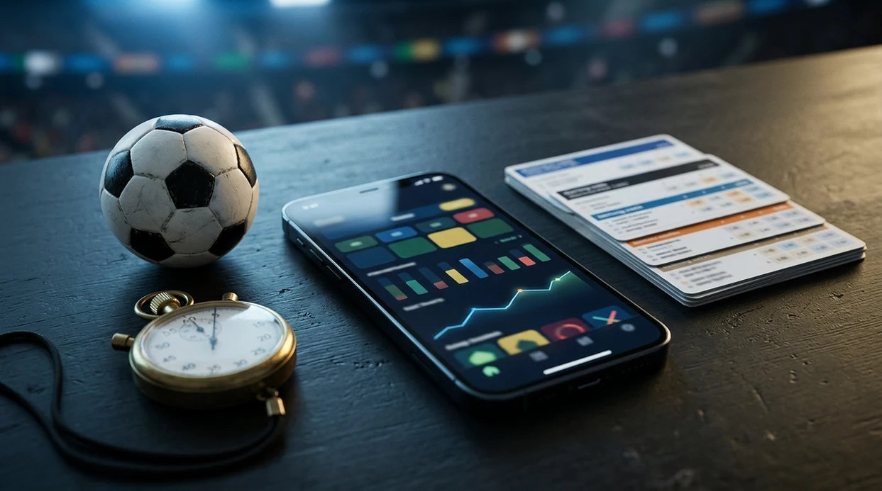 Three phones, a football, and a world map suggest comparing World Cup betting apps and odds.