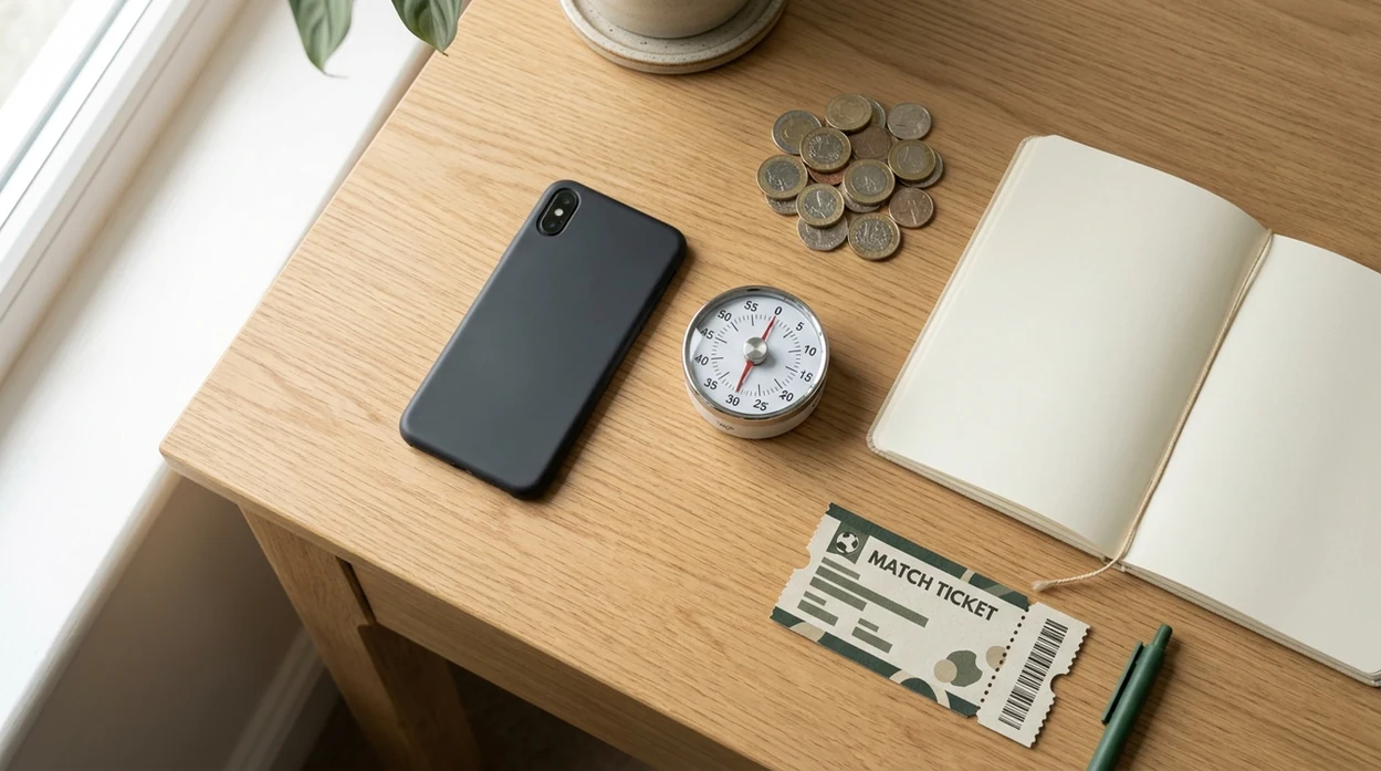 A phone, timer, coins, and blank notebook represent safer gambling controls and bankroll limits.