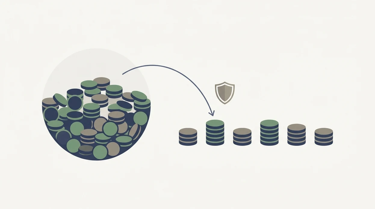 A simple diagram shows a large bankroll divided into small equal staking portions for safer betting.