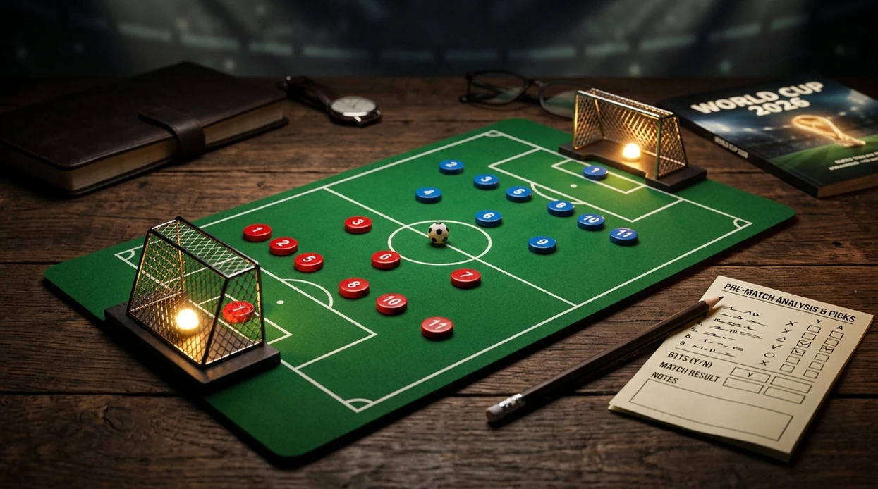 A tactics board with both goals lit, team magnets, and betting notes arranged for BTTS analysis.