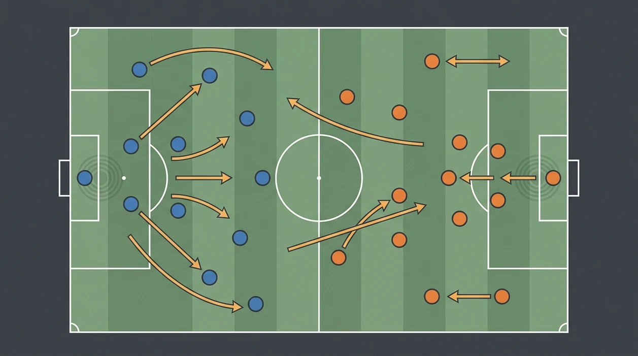 An overhead tactics graphic shows pressing gaps, wide channels, and counterattack routes for BTTS signals.
