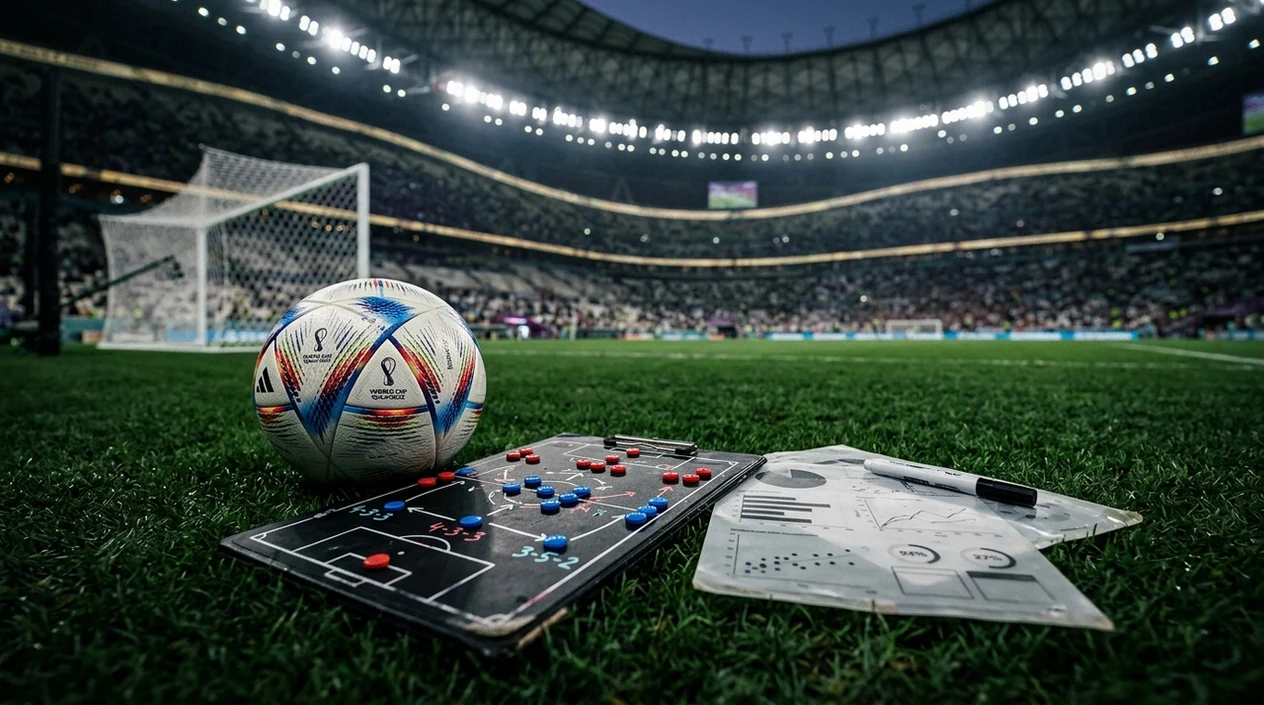 A football, tactical clipboard and abstract stat sheets sit on a floodlit pitch before a World Cup match.