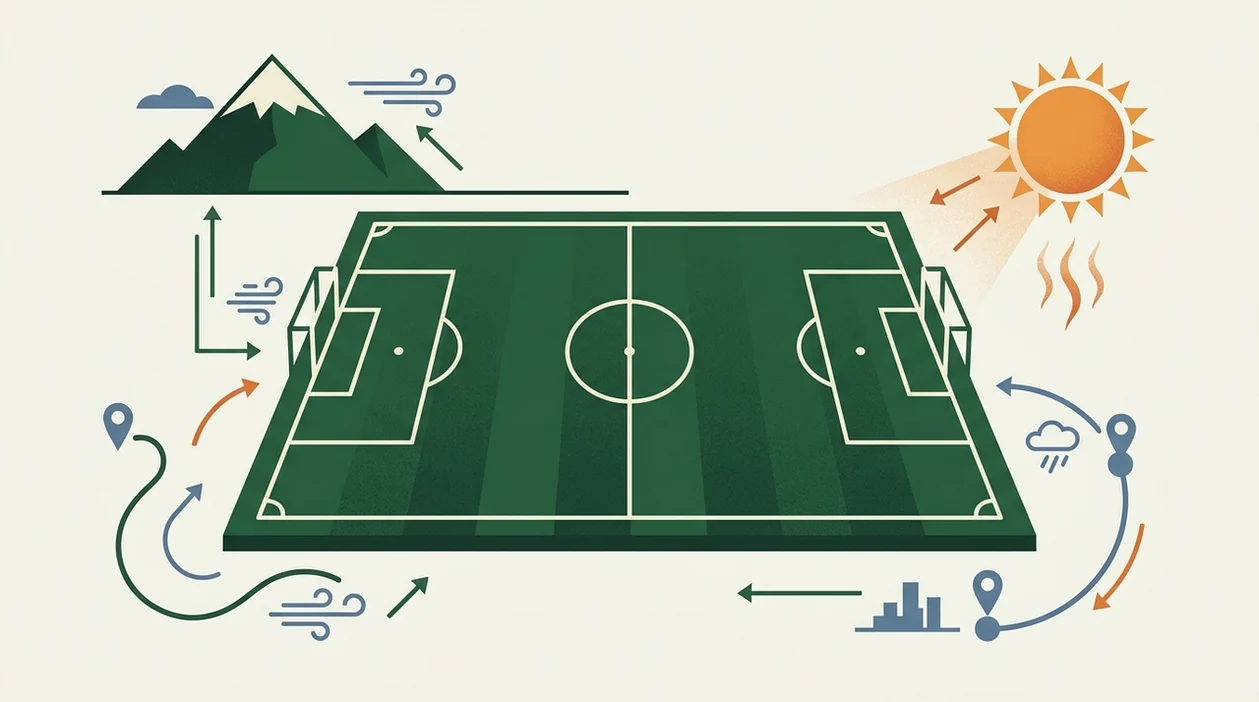 An illustration shows a football pitch surrounded by altitude, heat and travel symbols affecting match tempo.