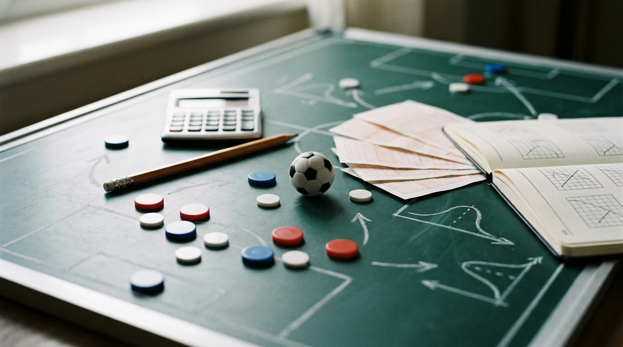 A football tactics board with blank slips, markers, a calculator, and a ball arranged for score analysis.