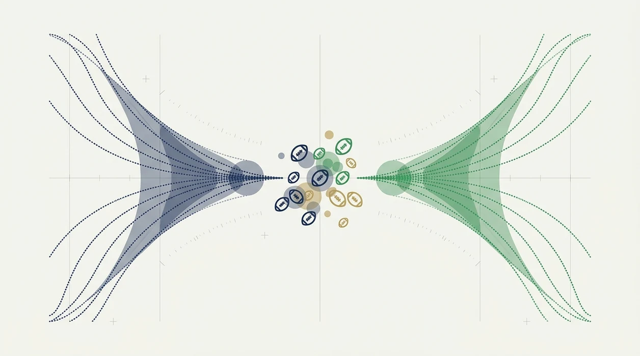 Abstract probability funnels and football icons illustrate how goal models estimate likely scorelines.