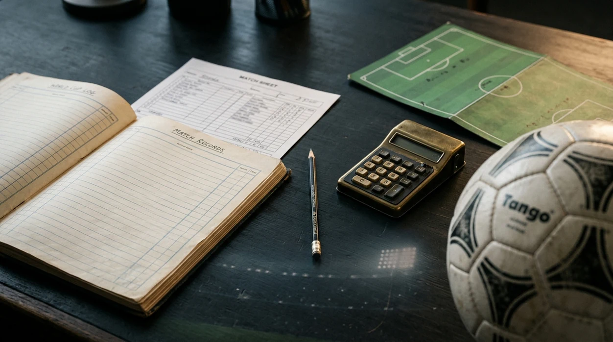 A football archive desk shows a ledger, calculator, pencil, and ball arranged for tracking settled score predictions.