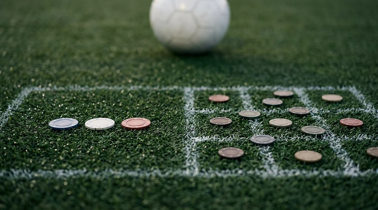 Betting chips on a football pitch contrast simple match winner choices with scattered correct score options.