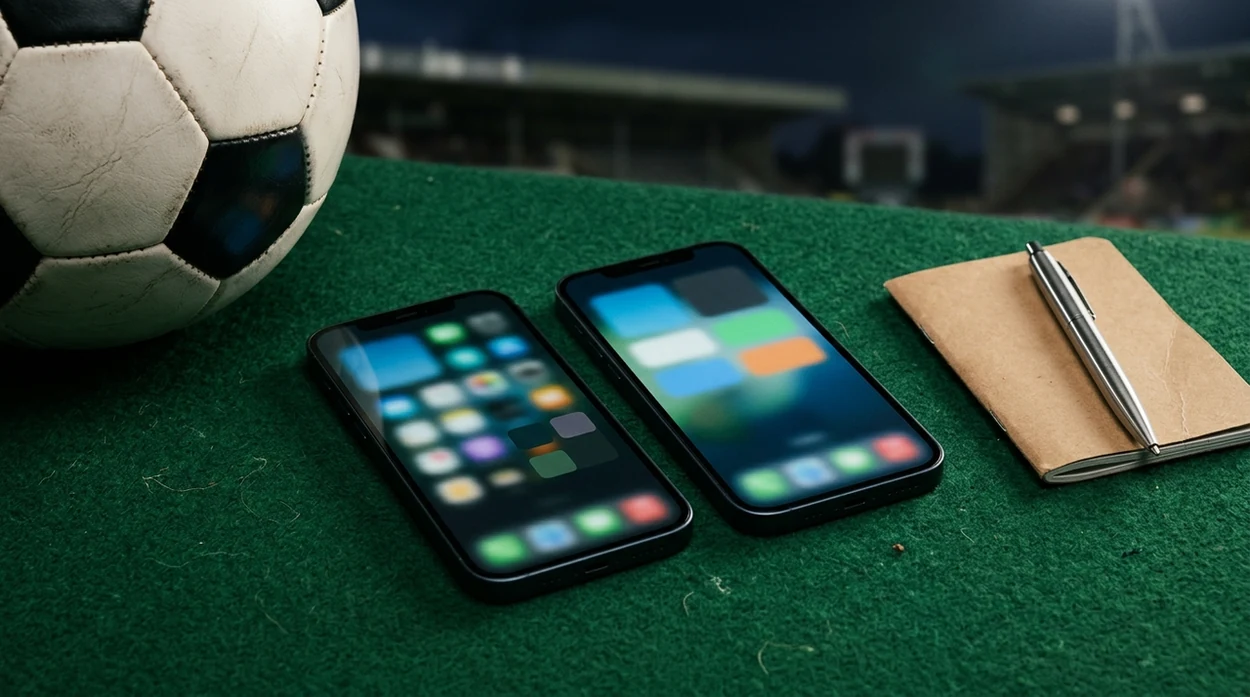 Two betting app phones and a soccer ball suggest comparing World Cup odds side by side.