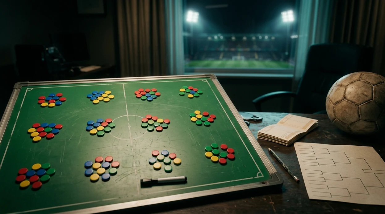A tactical board with group clusters, betting slips, and a football under stadium-style lights.