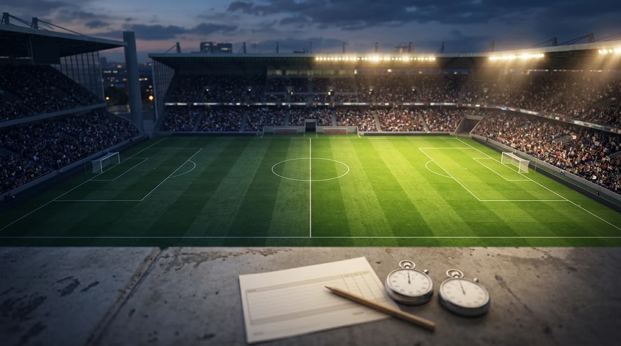 A football pitch split by light and shadow with a blank betting slip and stopwatches in the foreground.