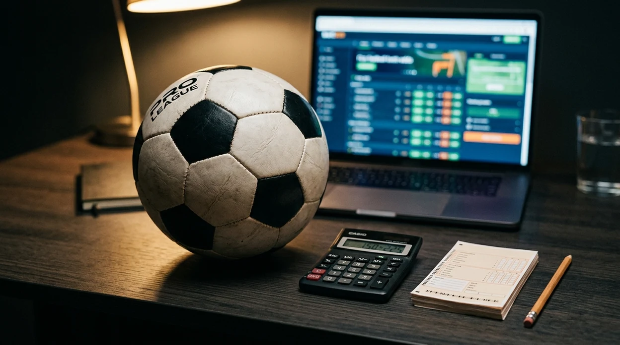 A football, calculator, pencil and blank betting slips arranged on a desk for explaining betting odds.