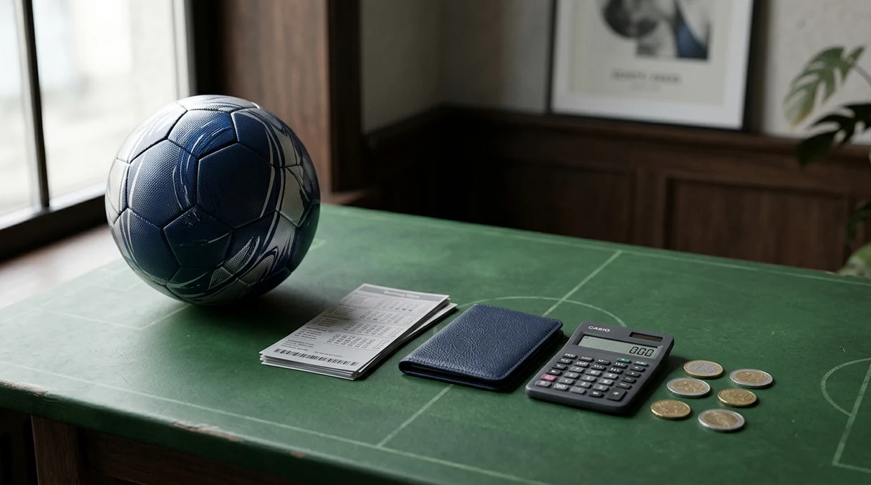 A football, calculator, coins, and ID wallet arranged as a responsible World Cup betting still life.