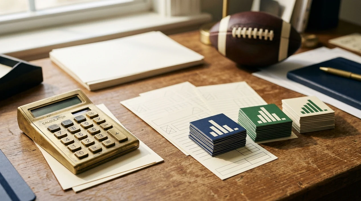 A calculator, blank betting slips, percentage tiles, and a football arranged on a betting analysis desk.