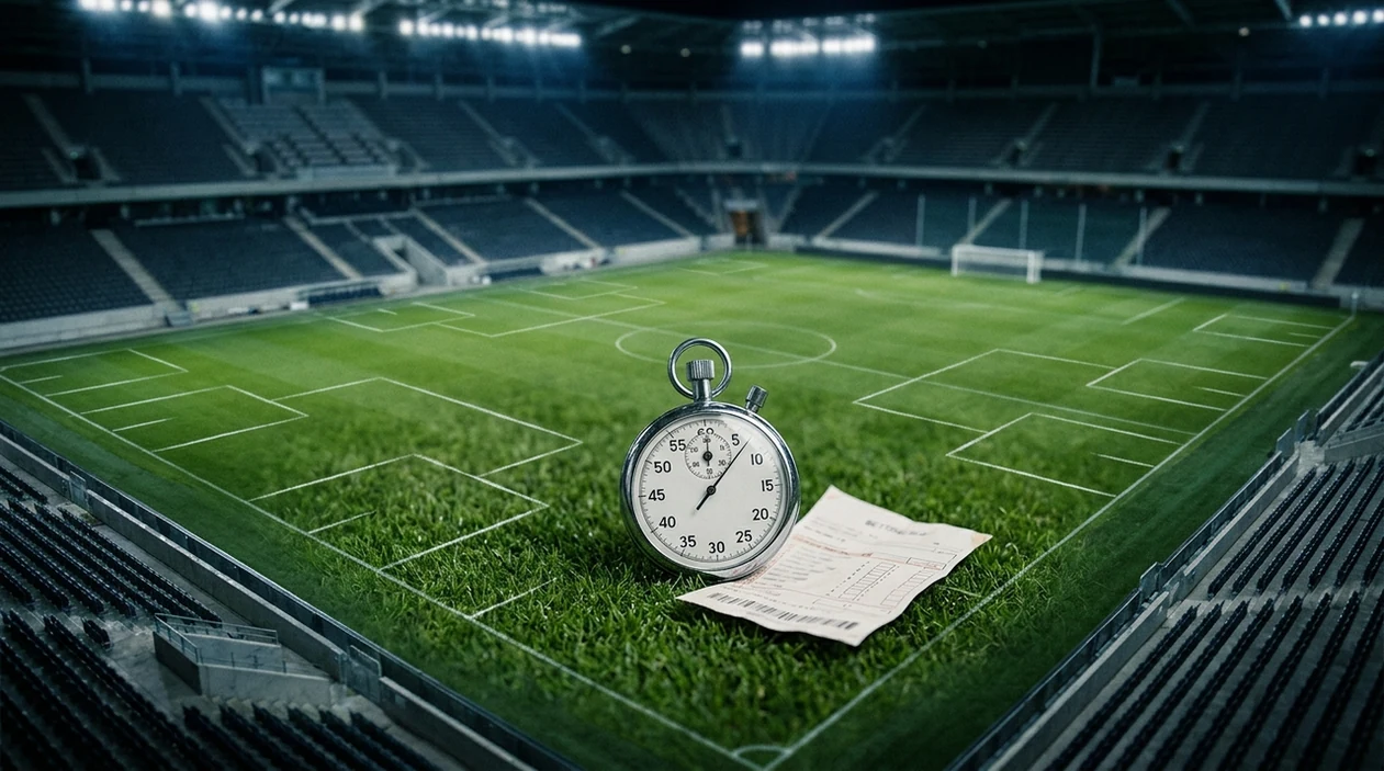 An empty floodlit football pitch shows a stopwatch, betting slip, and bracket lines for knockout betting.