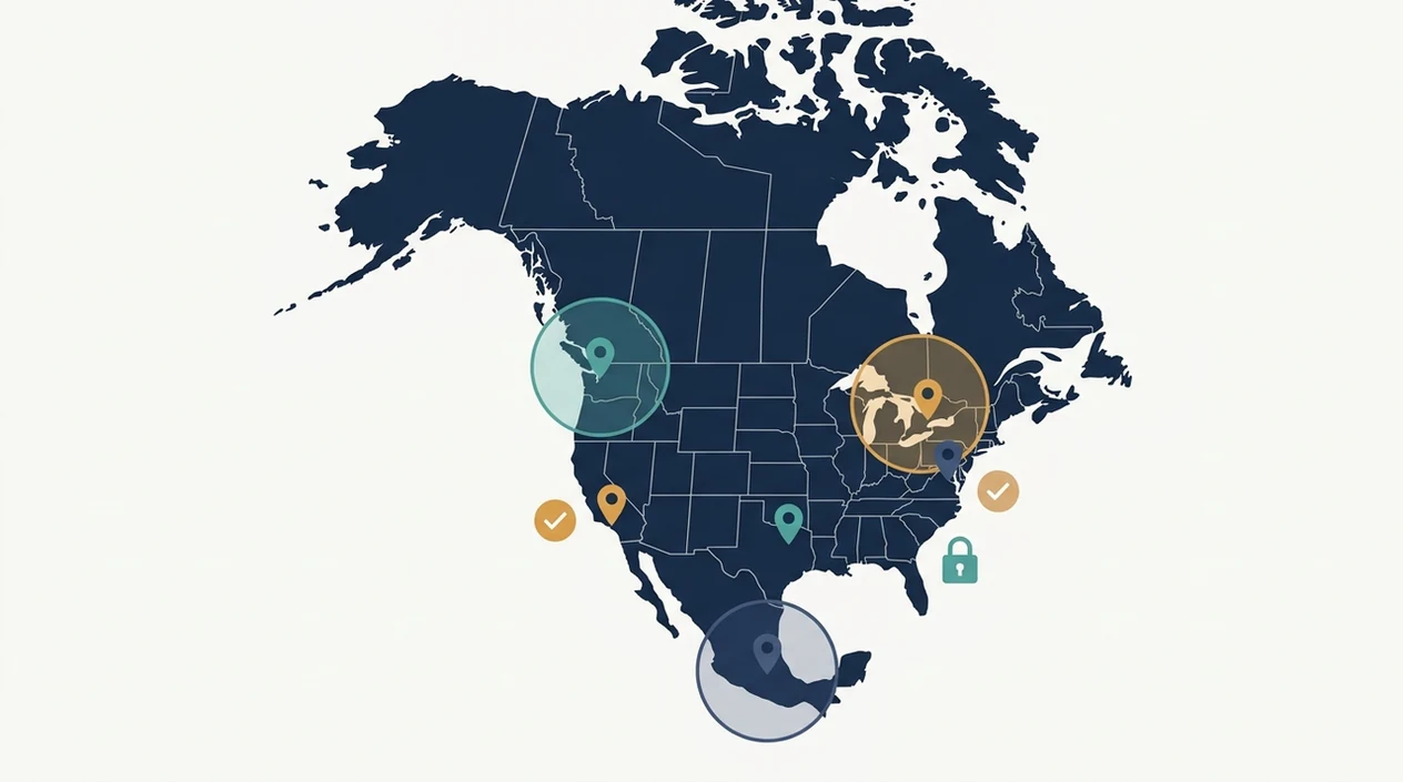 An unlabeled North America map with location pins and geofencing rings shows betting laws change by place.