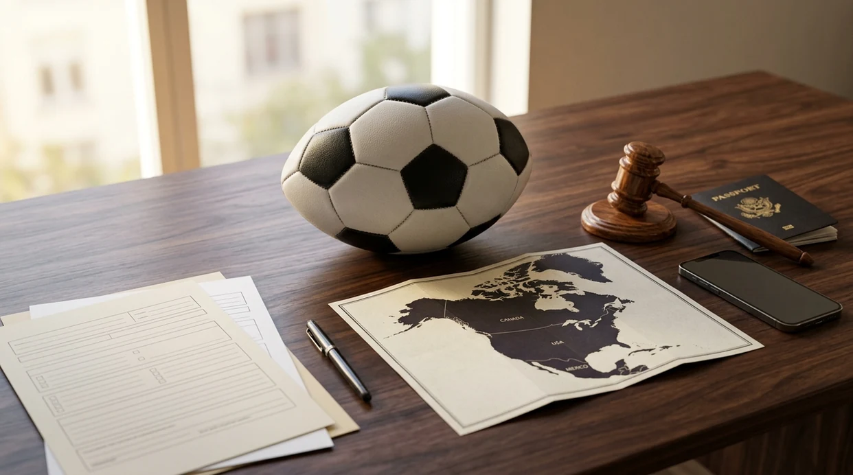 A football, passport, scale, blank betting slip, and phone suggest legal checks before World Cup betting.