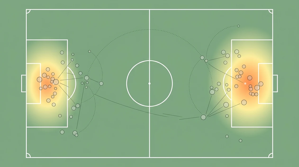 A pitch diagram with shot circles and heat zones illustrates how xG can inform totals betting.