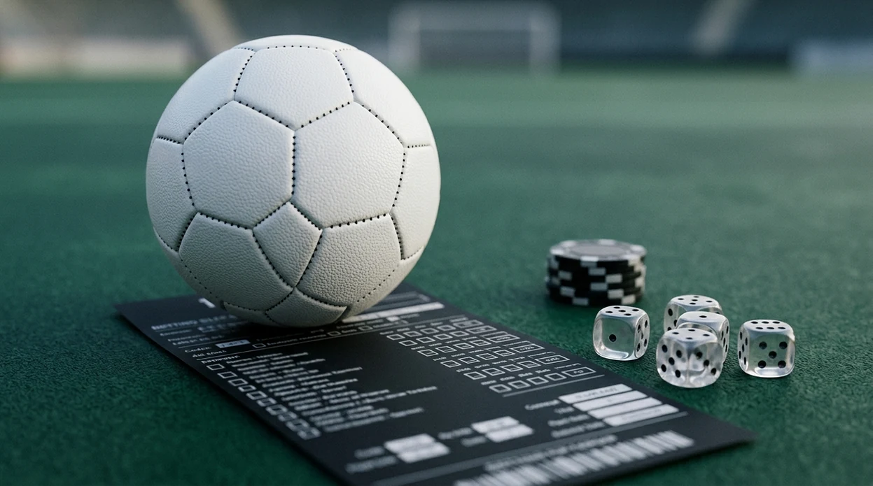A football, blank betting slips, pencil, and dice suggest uncertainty in football betting.