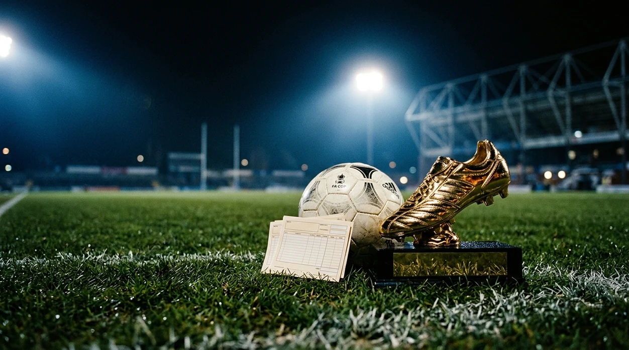 A gold boot, football, and blank betting slips sit on a dimly lit pitch under stadium lights.