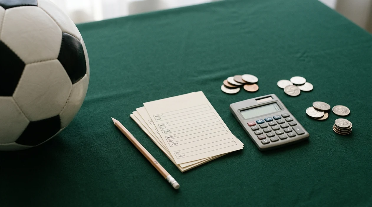 A football, notebook, coins, and calculator arranged as a calm starter setup for World Cup betting.