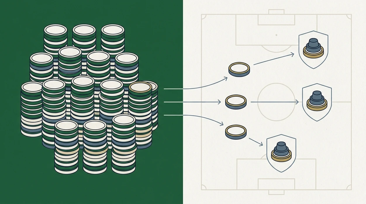 A simple diagram shows small coin amounts split from a bankroll into capped correct score stakes.