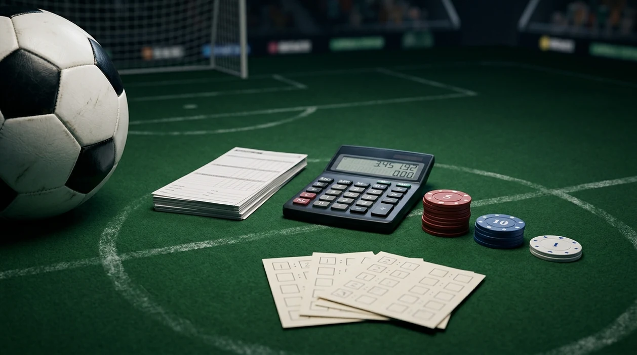 A football, blank betting slips, calculator, and small chip stacks arranged on a pitch-like table.