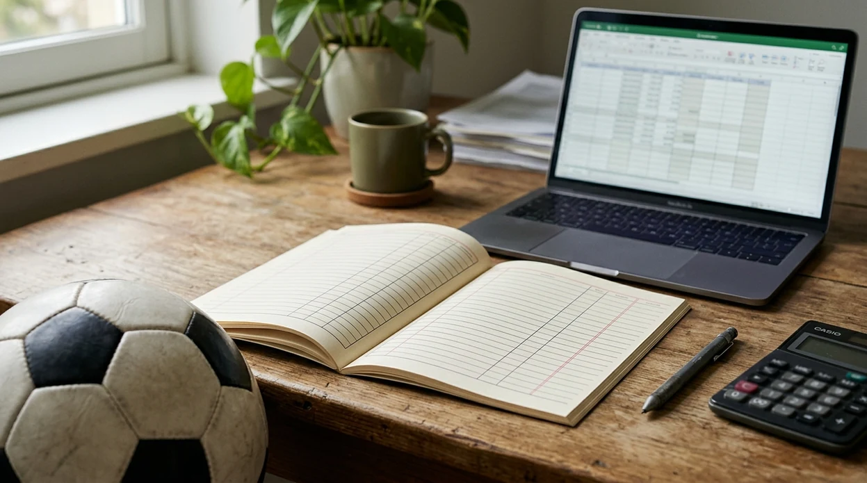 An open betting results ledger sits beside a football, calculator, and face-down slips on an analyst desk.