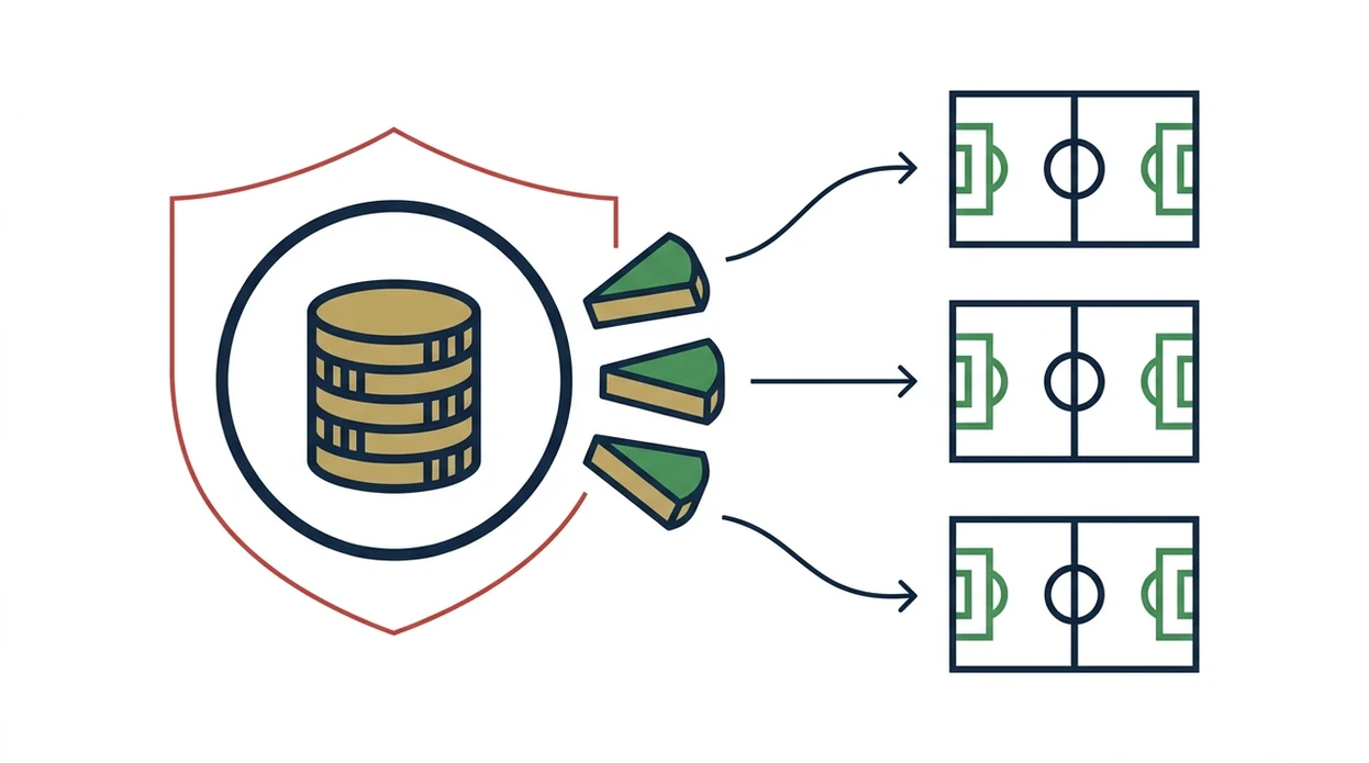 A clean diagram shows small stake portions separated from a protected World Cup betting bankroll.
