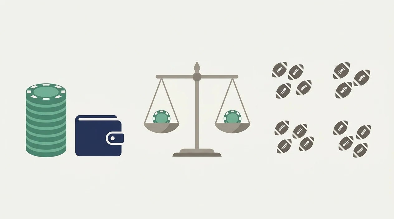A simple illustration shows betting chips, football wagers, and a balanced scale for bankroll control.