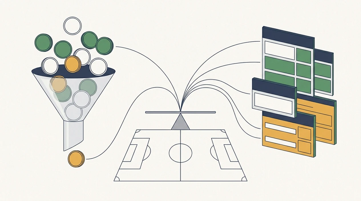 An abstract diagram contrasts prediction-market movement with bookmaker odds around a football pitch.