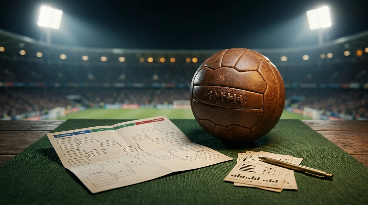 A football, blank bracket sheet, and abstract betting slips sit under soft stadium lighting.