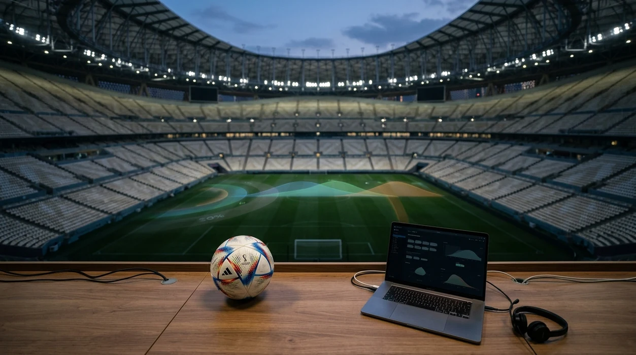 A football and analyst desk overlook an empty floodlit stadium with abstract probability bands on the pitch.